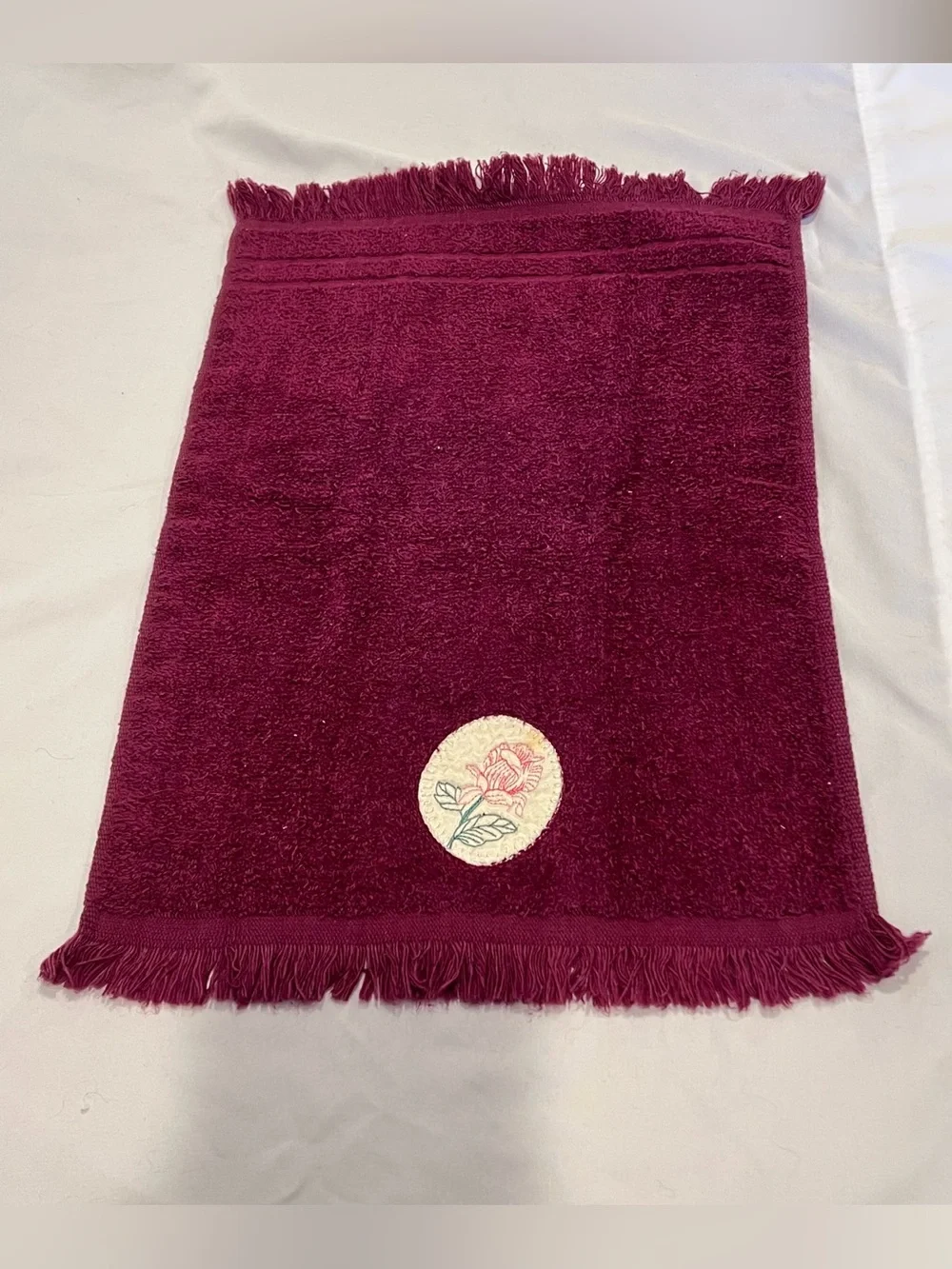 Vintage Cannon Burgundy Rose Embroidered Hand Towel Made USA
